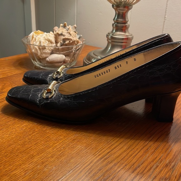 Salvatore Ferragamo Brown Alligator with Gold Accent Heel - Picture 5 of 10